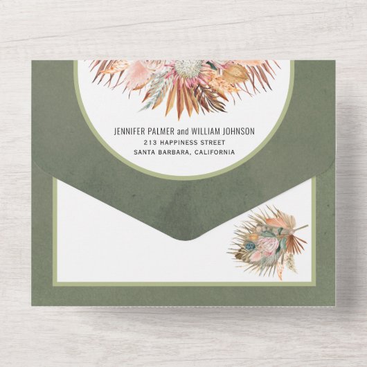 Invitation Tout En Un Palmiers séchés et pampas herbe mariage vert tout (Verso)