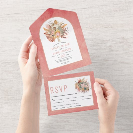 Invitation Tout En Un Palmiers séchés et pampas mariage rose pâle tout d (Déchirure)