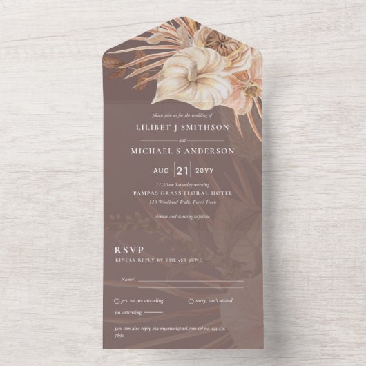 Invitation Tout En Un Pampas Boho tout compris Mariage rustique RSVP (À l'intérieur)
