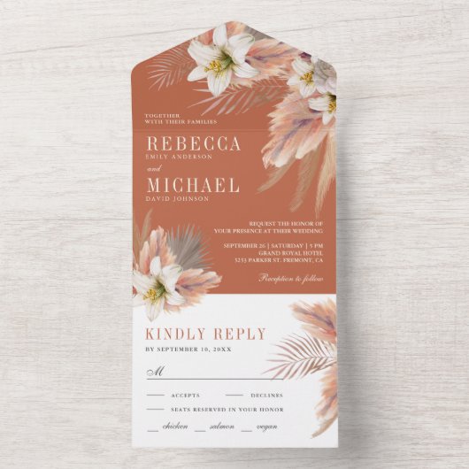 Invitation Tout En Un Pampas en terre cuite de Lily blanche Mariage (À l'intérieur)