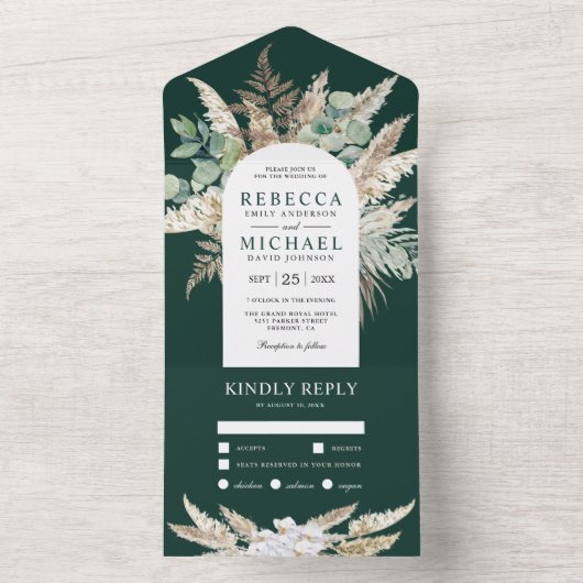 Invitation Tout En Un Pampas Eucalyptus Arch Emerald Green Wedding (À l'intérieur)