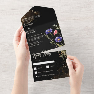 Invitation Tout En Un Pampas Floral noir & blanc minimaliste et élégant