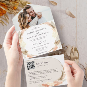 Invitation Tout En Un Pampas grass boho photo QR code mariage
