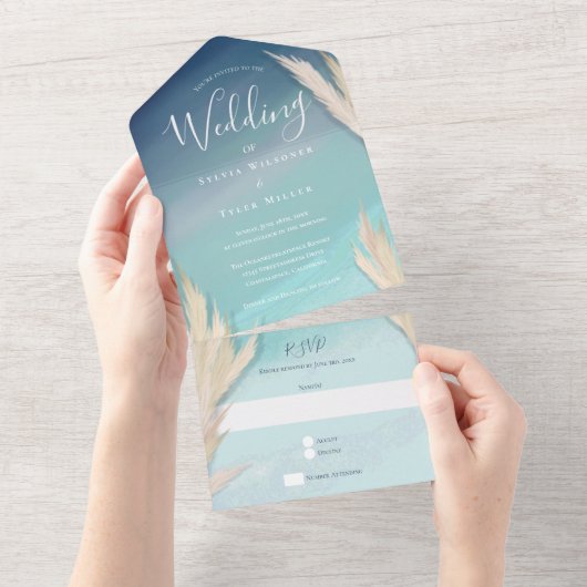 Invitation Tout En Un Pampas Grass Ocean Beach Wedding (Déchirure)