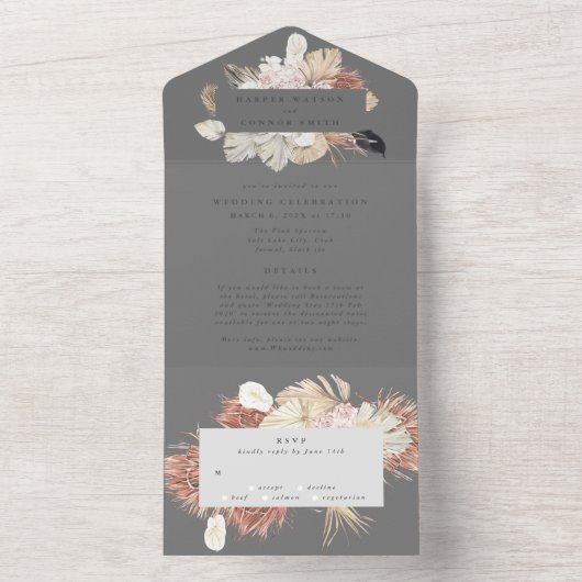 Invitation Tout En Un Pampas Gray Premium Wreath moderne Mariage (À l'intérieur)