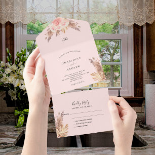 Invitation Tout En Un Pampas herbe brush floraux rose boho mariage