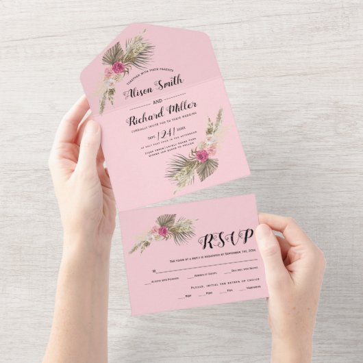 Invitation Tout En Un Pampas herbe palm feuille rose rousse rose mariage (Déchirure)