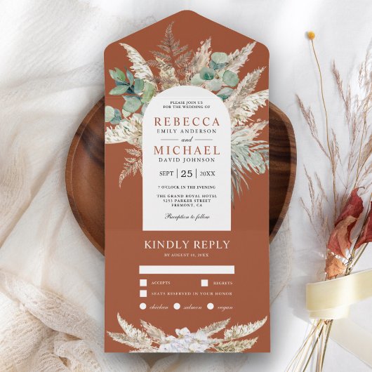 Invitation Tout En Un Pampas Rustique Eucalyptus Arch Terracotta Mariage