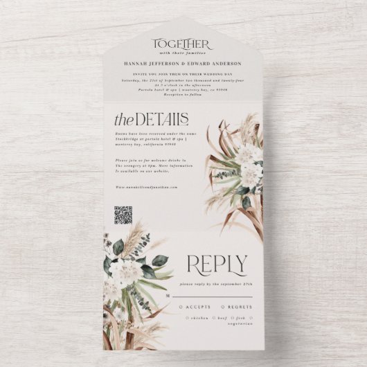 Invitation Tout En Un pampas rustique moderne eucalyptus mariage code QR (À l'intérieur)