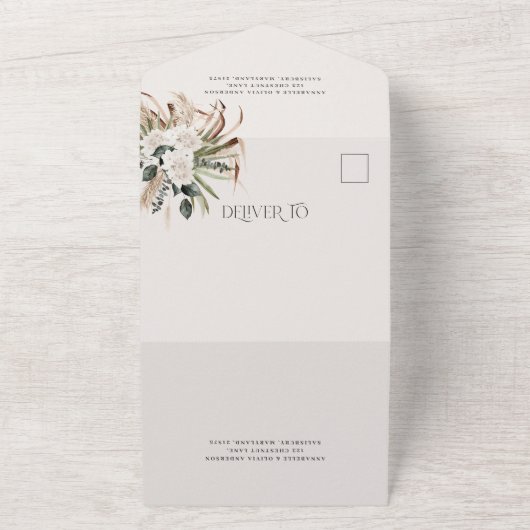 Invitation Tout En Un pampas rustique moderne eucalyptus mariage QR code (Dehors)