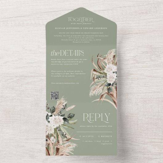 Invitation Tout En Un pampas rustique moderne eucalyptus mariage QR code (À l'intérieur)