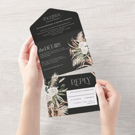 Invitation Tout En Un pampas rustique noir eucalyptus mariage (Déchirure)