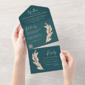 Invitation Tout En Un Pampas rustique turquoise moderne code QR mariage (Déchirure)
