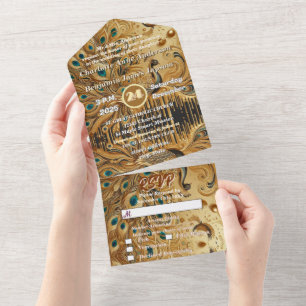 Invitation Tout En Un Paon élégant pailleté or ruisselant