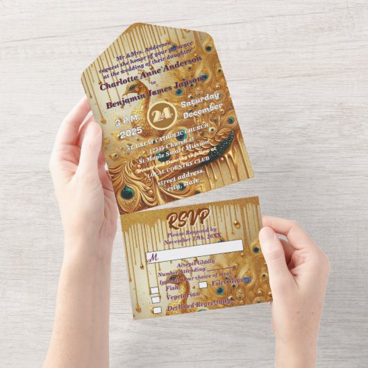 Invitation Tout En Un Paon élégant pailleté or ruisselant (Déchirure)