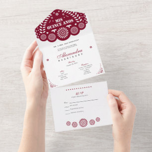 Invitation Tout En Un Papel Bourgogne Picado Mis Quince Años