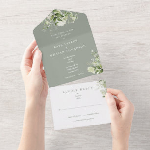 Invitation Tout En Un Papier floral à monogramme en vert sauge pour mari