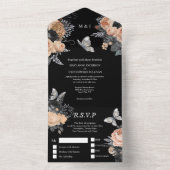 Invitation Tout En Un Papier noir argent chute papillon rose floral chic (À l'intérieur)