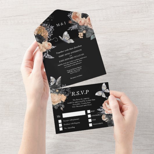 Invitation Tout En Un Papier noir argent chute papillon rose floral chic (Déchirure)