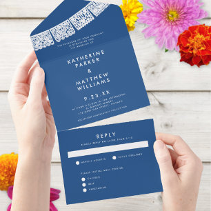 Invitation Tout En Un Papier Picado Mariage Bannière Bleu