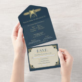 Invitation Tout En Un Papillon Art Déco Monogramme Mariage bleu or (Déchirure)