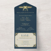 Invitation Tout En Un Papillon Art Déco Monogramme Mariage bleu or (À l'intérieur)