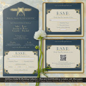 Invitation Tout En Un Papillon Art Déco Monogramme Mariage bleu or