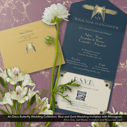Invitation Tout En Un Papillon Art Déco Monogramme Mariage bleu or