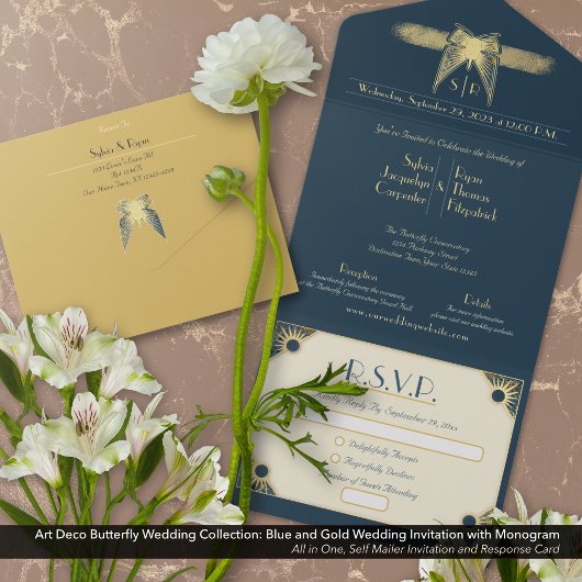 Invitation Tout En Un Papillon Art Déco Monogramme Mariage bleu or