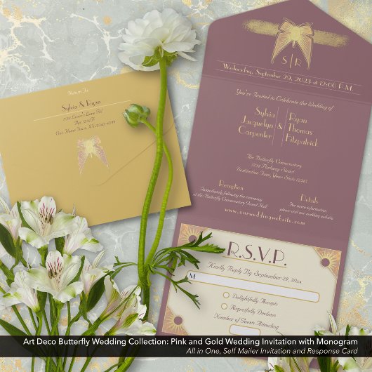 Invitation Tout En Un Papillon Art déco Monogramme Mariage or rose