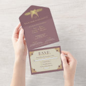 Invitation Tout En Un Papillon Art déco Monogramme Mariage or rose (Déchirure)