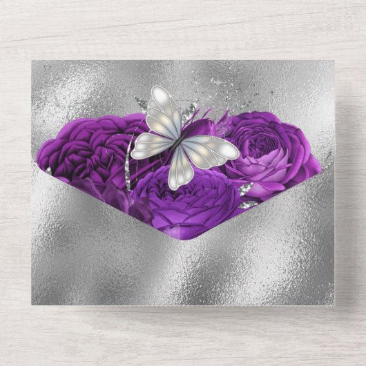 Invitation Tout En Un Papillon blanc prune argenté brimmer parties scint (Verso)
