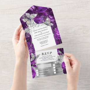 Invitation Tout En Un Papillon blanc prune argenté brimmer parties scint