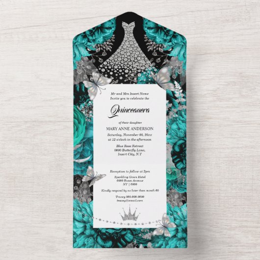 Invitation Tout En Un papillon bleu turquoise brillant d'anniversaire (À l'intérieur)