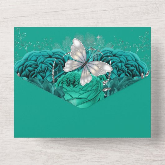 Invitation Tout En Un papillon bleu turquoise brillant d'anniversaire (Verso)