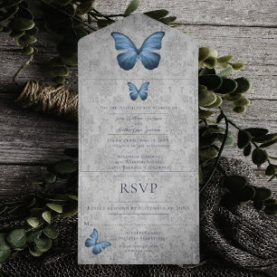 Invitation Tout En Un Papillon bleu Vintage Mariage damassé