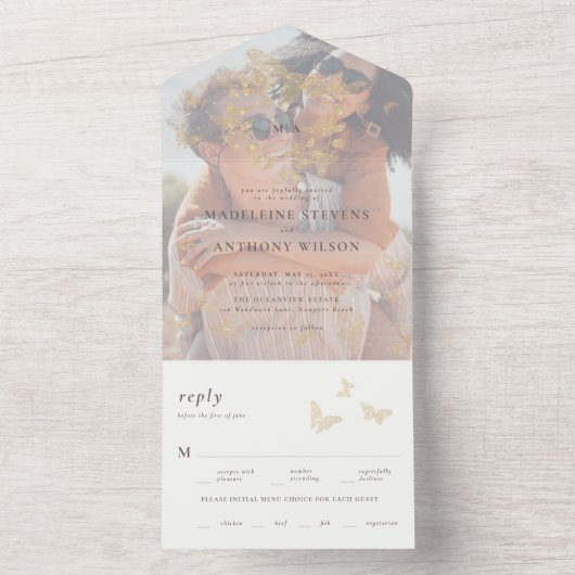 Invitation Tout En Un Papillon d'or Élégant Romantique Photo Un Mariage (À l'intérieur)
