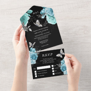 Invitation Tout En Un Papillon noir en argent glam rose floral chic