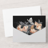 Invitation Tout En Un Papillon noir gris rose floral chic (Verso)