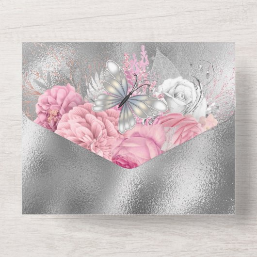 Invitation Tout En Un Papillon rose argent brillant parties scintillant  (Verso)