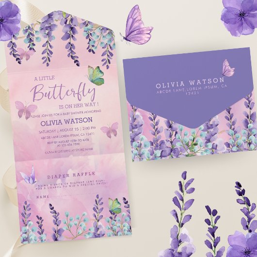 Invitation Tout En Un Papillon rose violet Baby shower de fille papillon