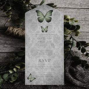 Invitation Tout En Un Papillon Vintage vert Mariage damassé