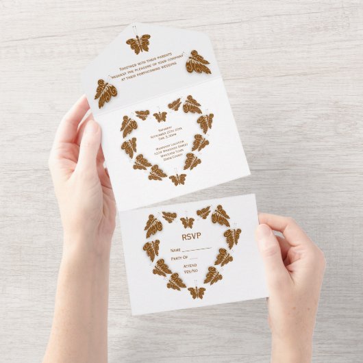 Invitation Tout En Un Papillons couleur chocolat Mariage design (Déchirure)