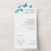Invitation Tout En Un Papillons de luxe bleus. Mariage aérien élégant (À l'intérieur)