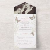 Invitation Tout En Un Papillons mariages brun rose repas photo RSVP (À l'intérieur)