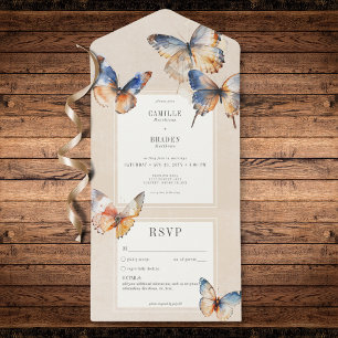 Invitation Tout En Un Papillons minimes bleu rouille moderne Tan No Dinn