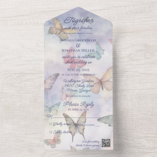Invitation Tout En Un Papillons pastel aquarelle avec code QR (À l'intérieur)