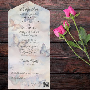 Invitation Tout En Un Papillons pastel aquarelle avec code QR