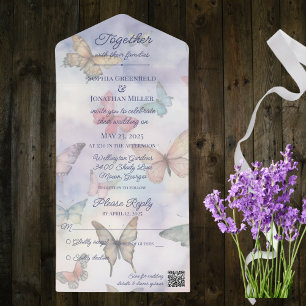 Invitation Tout En Un Papillons pastel aquarelle avec code QR