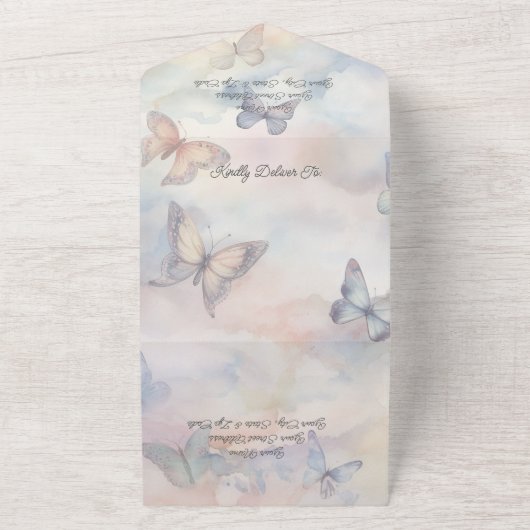 Invitation Tout En Un Papillons pastel aquarelle avec code QR (Dehors)